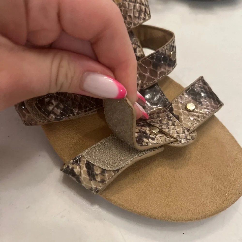 Vionic Radia Wedge Sandals Adjustable Triple Strap Snakeskin Slides